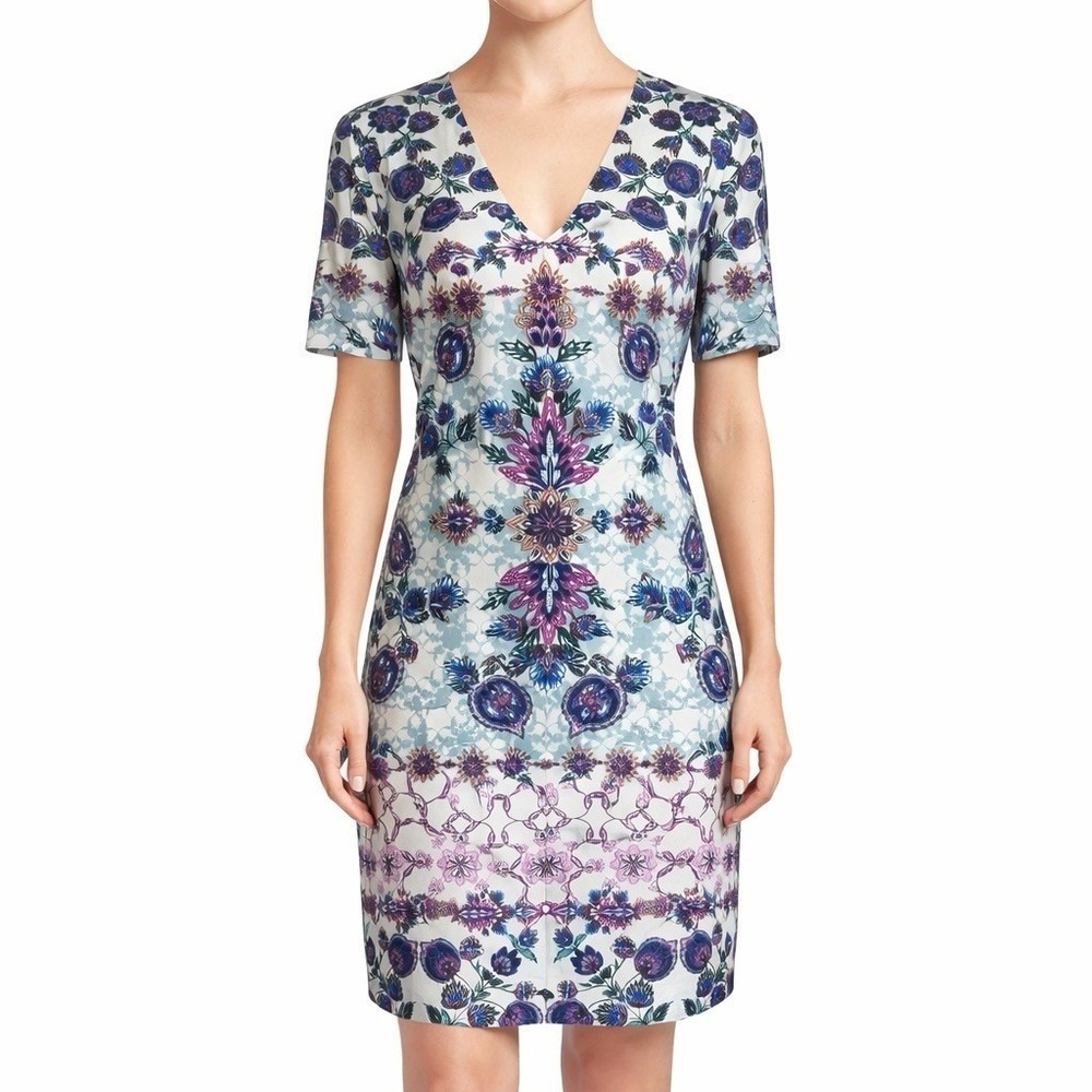 Desigual Floral Print V-Neck‎ Sheath Dress Womens US Small EUR 38 Short Sleeve